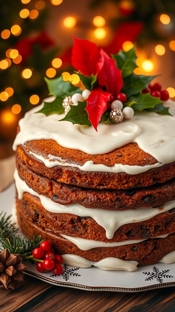 A traditional Christmas fruit cake decorated with marzipan and fondant, featuring holly and berries, on a festive table.